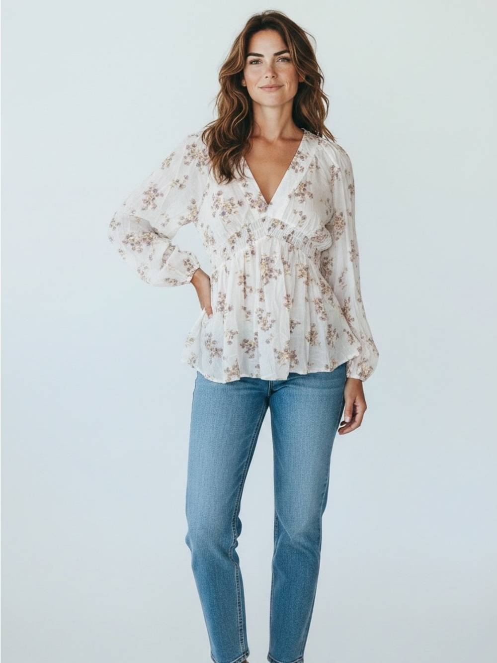 Lucky Brand Women’s Size S V Neck Floral Empire-Waist Sheer Long Sleeves Blouse